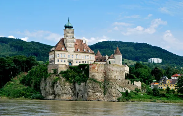 Picture forest, trees, mountains, rock, river, castle, home, Austria