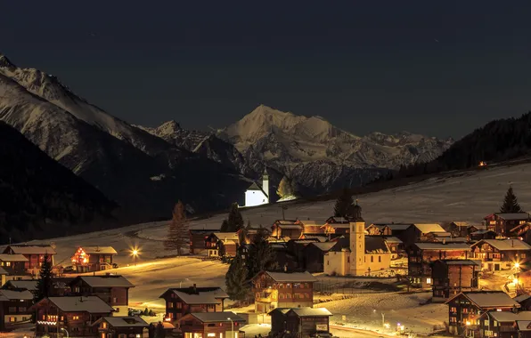 Winter, snow, mountains, night, lights, home, Switzerland, slope