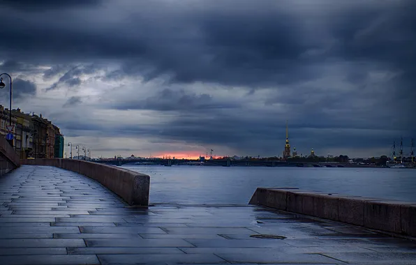 Picture clouds, river, overcast, the evening, promenade, Neva, Saint Petersburg