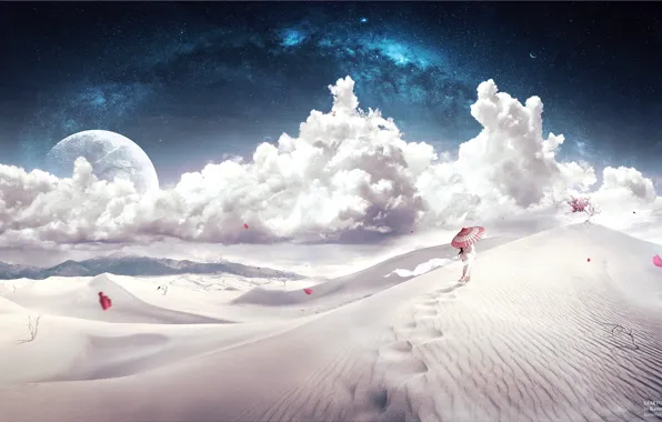 Picture girl, clouds, the dunes, the way, tree, the wind, desert, stars
