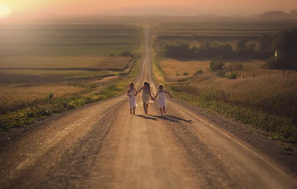 Road, field, joy, running, girl