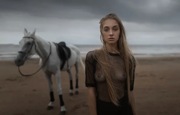 Chest, girl, face, sweetheart, shore, model, horse, t-shirt
