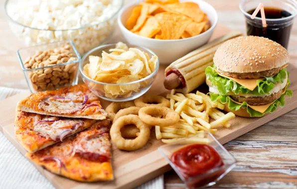 Pizza, chips, French fries, Burger, fast food, onion rings