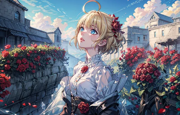 Blue eyes, blue sky, flower in hair, looking up, white blouse, rose bushes, blonde, city …