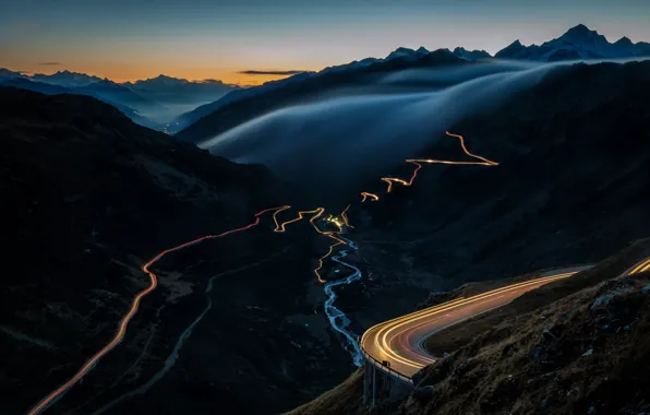 Road, mountains, night