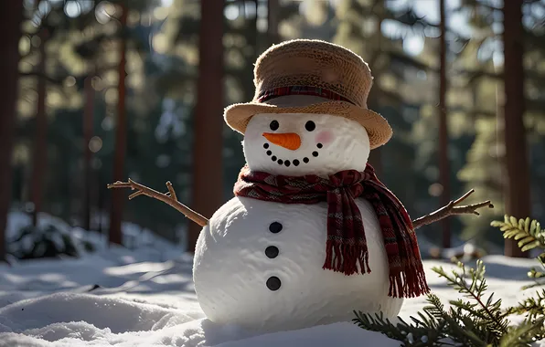 Winter, forest, snow, branches, nature, smile, glade, hat