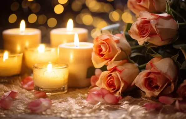 Flowers, holiday, gift, roses, candle, bouquet, candles, bow