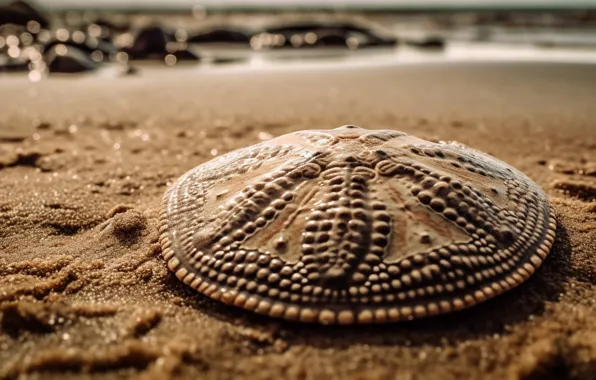Sand, beach, stones, clam, sink, shell, bokeh, coast