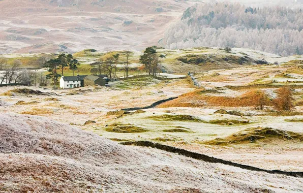 Frost, house, hills, England, Cumbria, Coniston