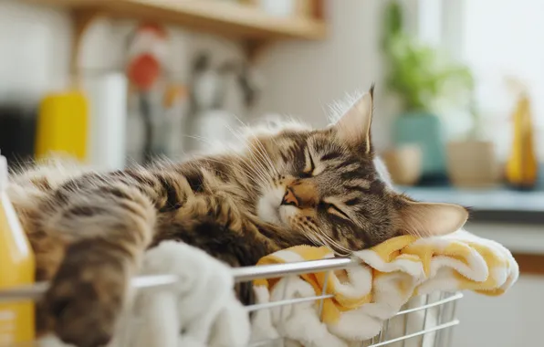 Cat, cat, pose, house, grey, basket, paw, sleep