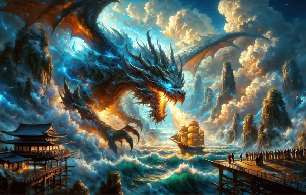 Clouds, nature, the ocean, rocks, dragon, ship, attack