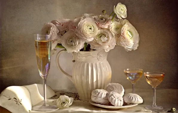 Picture flowers, glasses, pitcher, still life, champagne, dessert, buttercups, marshmallows