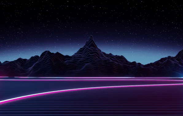 The sky, Mountains, Night, Music, Stars, Neon, Space, Graphics