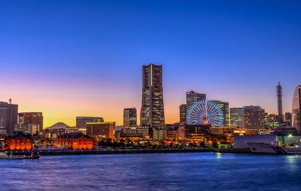 Picture the sky, sunset, lights, Japan, horizon, Ferris wheel, Yokohama