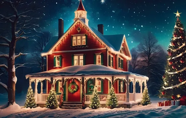 Winter, snow, house, Christmas, New year, house, herringbone, Christmas tree