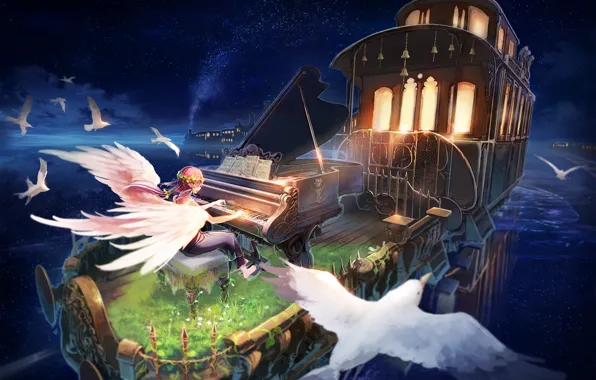 Picture girl, birds, angel, anime, piano, the car