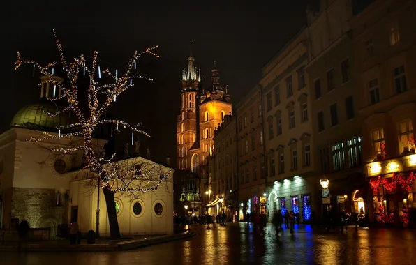 Night, lights, Poland, Krakow, Church of St. Adalbert, St. Mary's Church