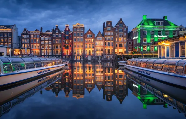 Picture reflection, building, home, Amsterdam, channel, Netherlands, night city, Amsterdam