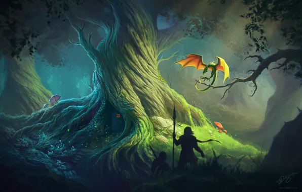 Picture forest, trees, dragon, deligaris