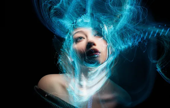 Look, girl, light, line, abstraction, face, style, blue
