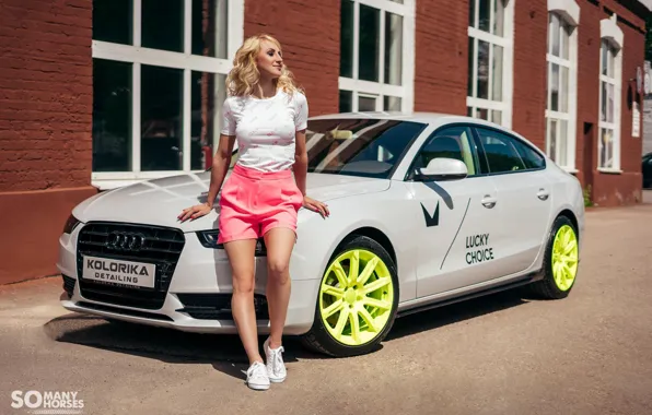 Car, machine, girl, the sun, Audi, shorts, sneakers, Mike