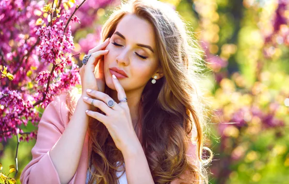 Girl, flowers, branches, nature, pose, portrait, ring, earrings