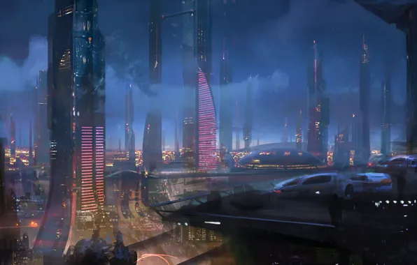Picture the city, future, megapolis, neon signs, sci fi city