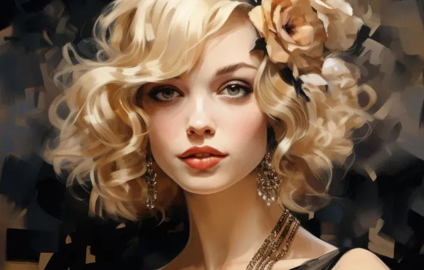 Look, flowers, the dark background, portrait, blonde, black dress, curls, imitation painting