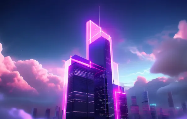 Picture the sky, clouds, future, fiction, skyscraper, purple, architecture, skyscraper