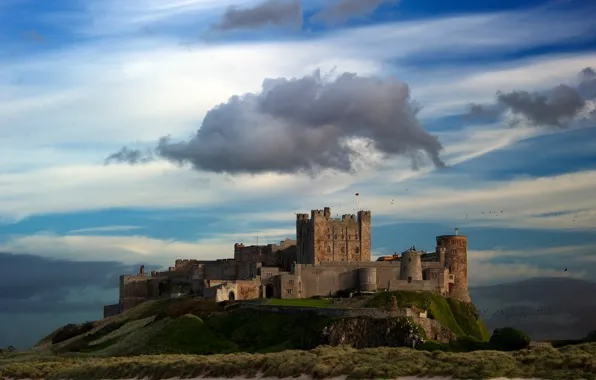 Picture the sky, mountains, birds, clouds, lake, castle, wall, tower