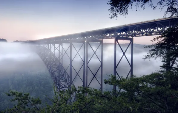 Picture landscape, bridge, fog, New river gorge bridge