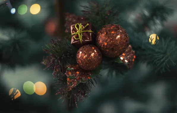 Gift, balls, red, decoration, Christmas