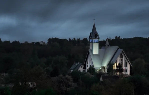 Landscape, night, nature, backlight, Poland, Church, forest