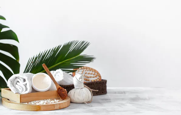 Leaves, relax, towel, spoon, white background, honey, box, cream