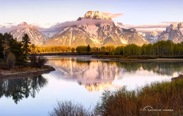 Picture clouds, mountains, lake, USA, Oxbow Bend Lake