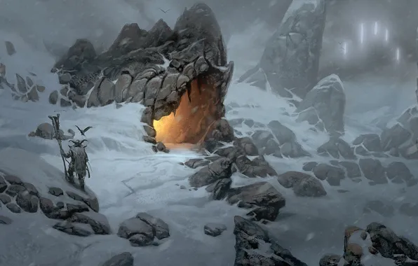 Picture snow, mountains, fire, art, cave, Viking