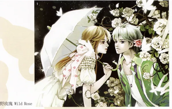 Picture girl, roses, umbrella, spikes, guy, two, art, Mao Jun