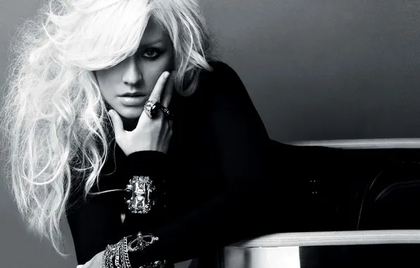 Picture pose, black and white, hair, blonde, singer, Christina Aguilera, Christina Aguilera
