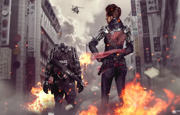 The city, weapons, flame, robot, Girl, helicopter, cyborg, photo manipulation