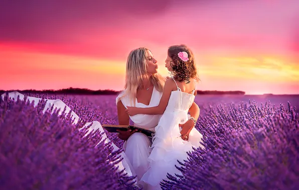 Girl, girl, book, lavender, kiss