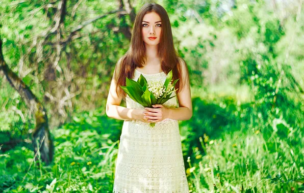 Picture Girl, Beautiful, Brunette, Wood, Green, Flowers, Colorful, Female