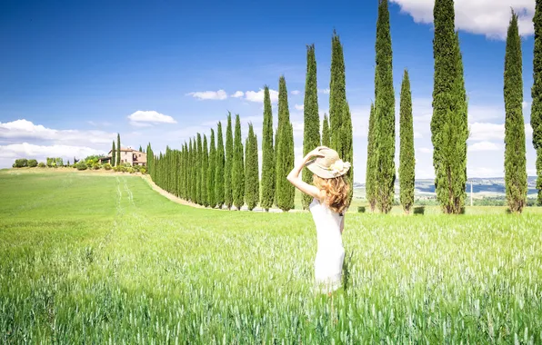 Field, girl, hat, Italy, cypress, Tuscany