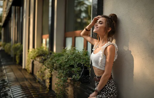 Girl, pose, smile, mood, closed eyes, Ananda Dubovskaya, Dmitry Medved