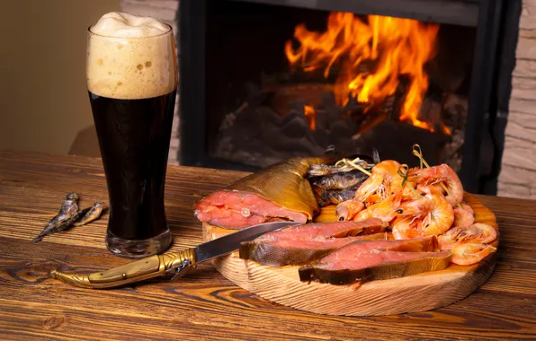 Picture beer, fish, Fish, fireplace, Fire, shrimp, seafood, shrimp