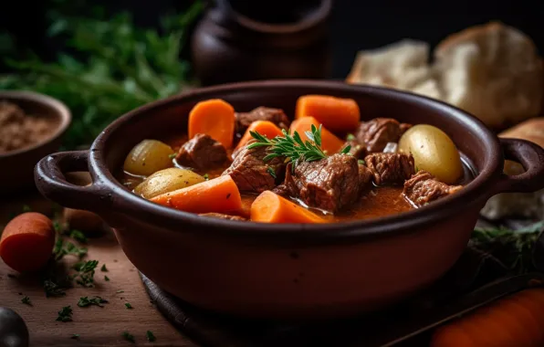 Greens, table, food, soup, meat, pan, vegetables, carrots