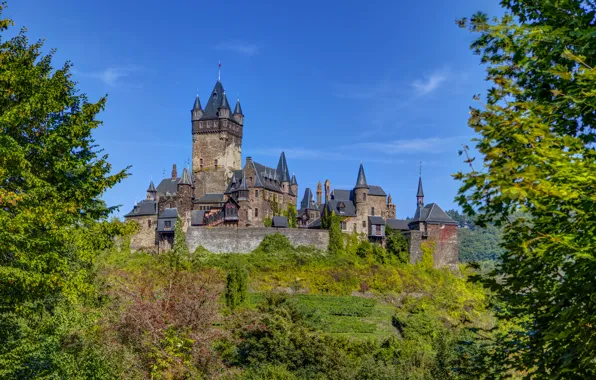 Greens, the sky, trees, castle, blue, Germany, Sunny, the bushes