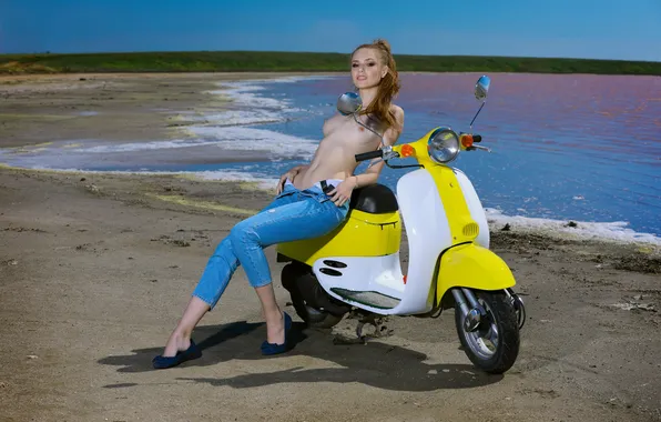 Girl, woman, young, jeans, cute, pearls, scooter
