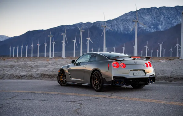 Nissan, GT-R, rear view, Nissan, R35, wind turbines, Nissan GT-R T-spec