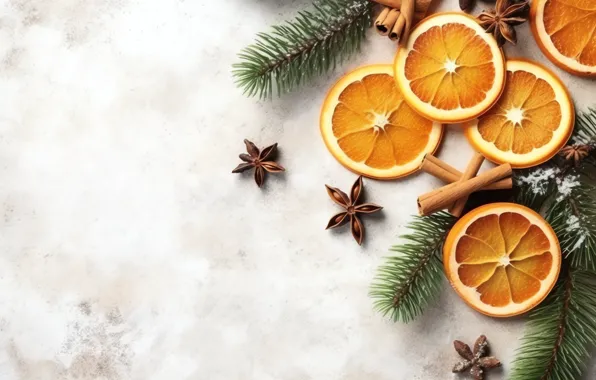 Branches, oranges, Christmas, white background, New year, fruit, needles, circles