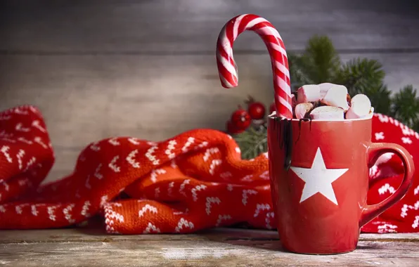 Table, Board, star, chocolate, scarf, Christmas, mug, cane